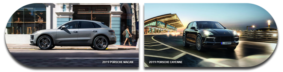 2019 Porsche Cayenne side by side with the 2019 Porsche Macan